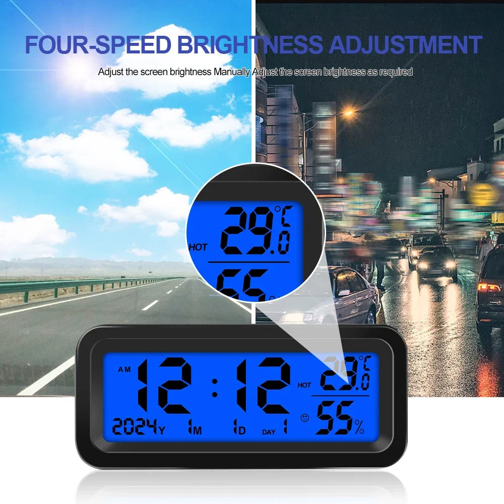 Digital Car Clock Solar/USB Powered with Date Week Temperature Humidity LCD Backlit Display Dashboard Automobile Stick-On Clock