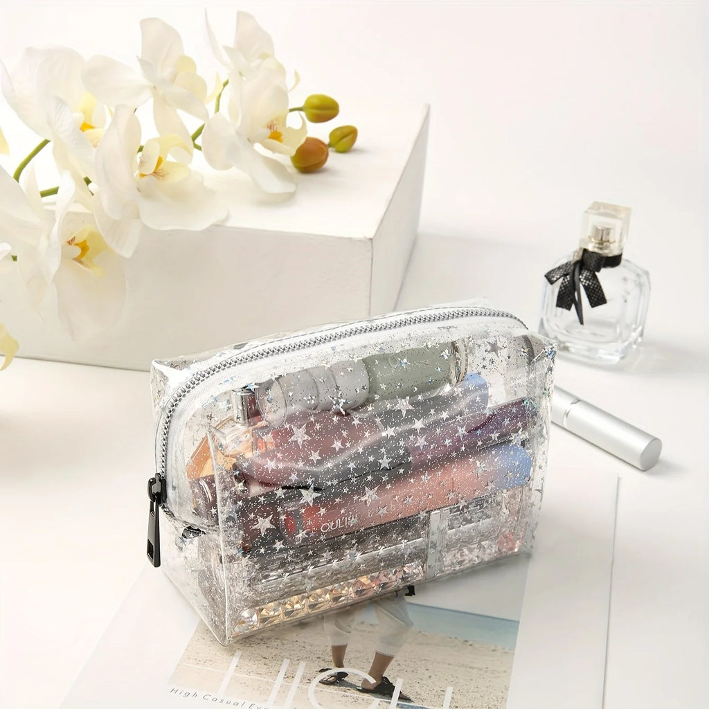 Chic Transparent Star PVC Makeup Bag - Waterproof, Large Capacity, Portable Cosmetic Organizer