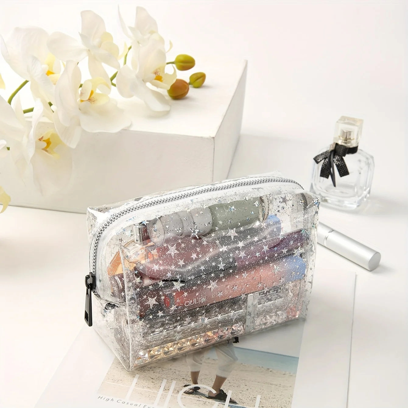Chic Transparent Star PVC Makeup Bag - Waterproof, Large Capacity, Portable Cosmetic Organizer