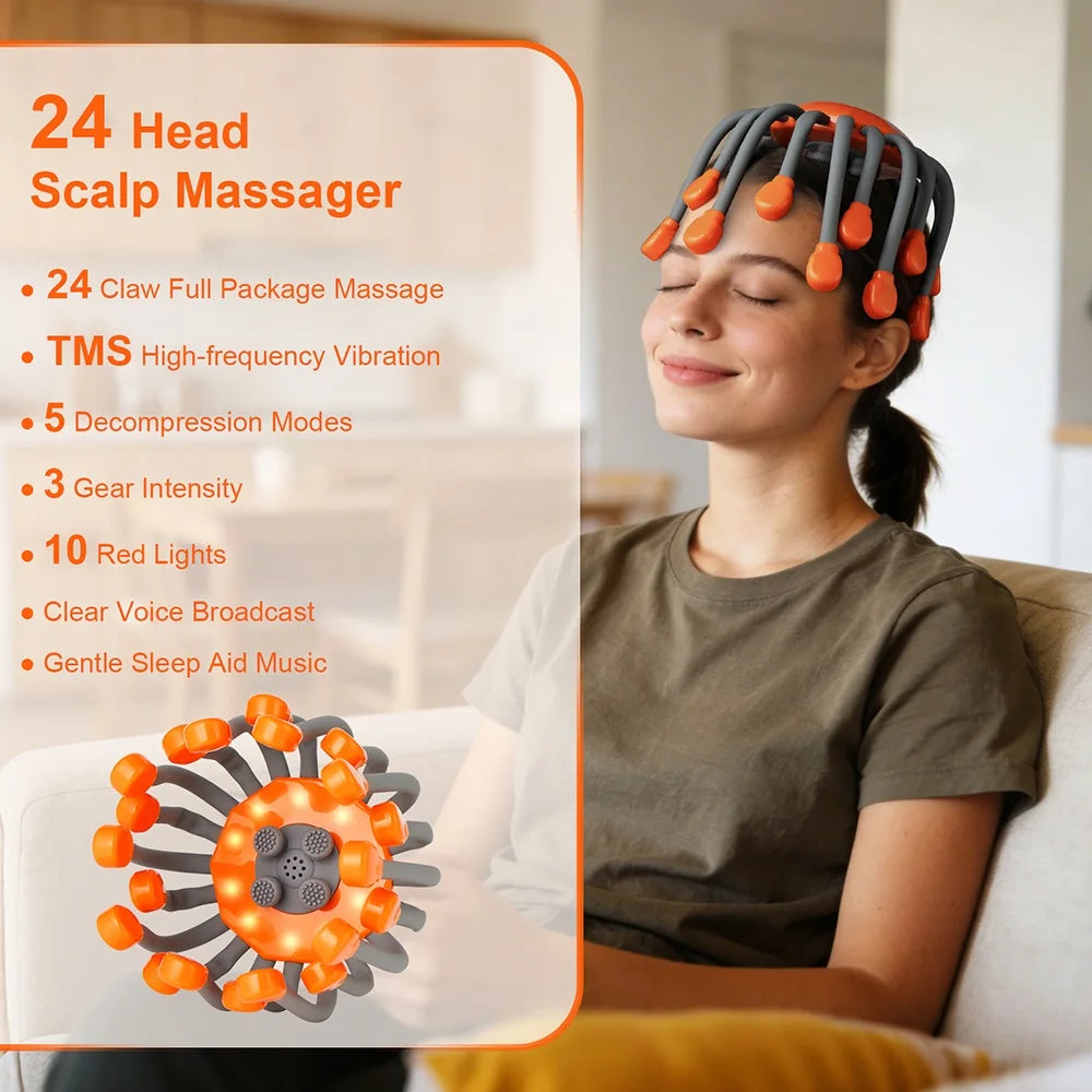 Electric Scalp Massager 24 Heads Octopus Claw Head Massager 24 Point Vibration Massage Scratcher Bluetooth Music Relaxation