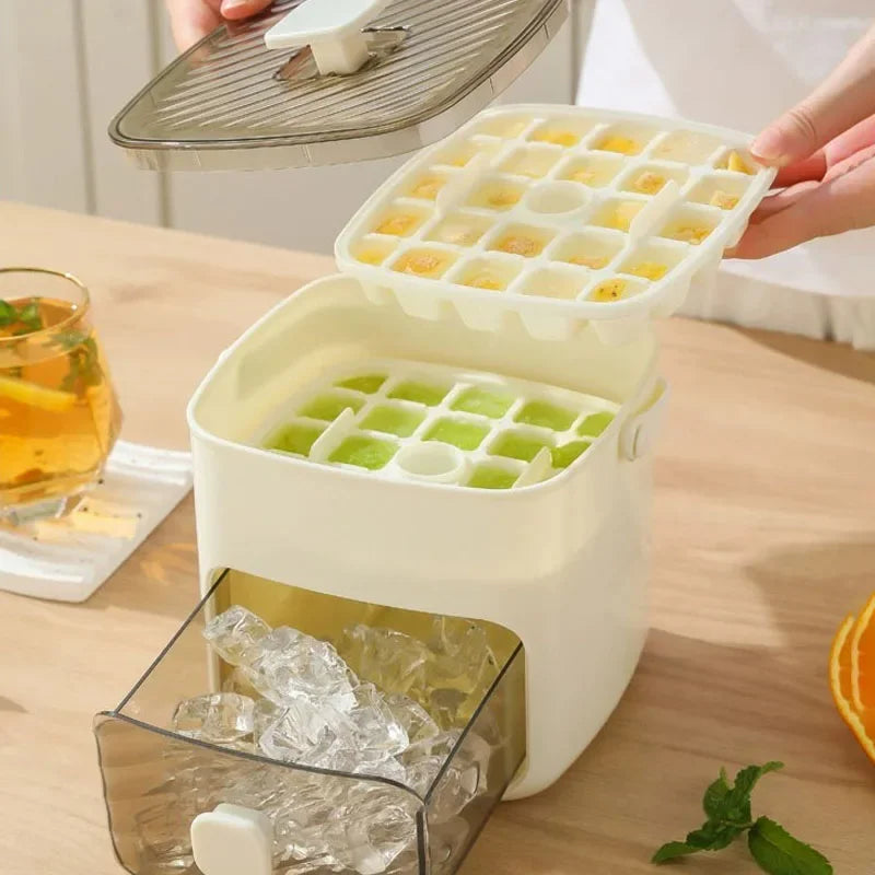 Ice Cube Tray Double Layer with Lid and Bin, Pull-Out Ice Drawer with Portable Handle, Kitchen Accessories Compact