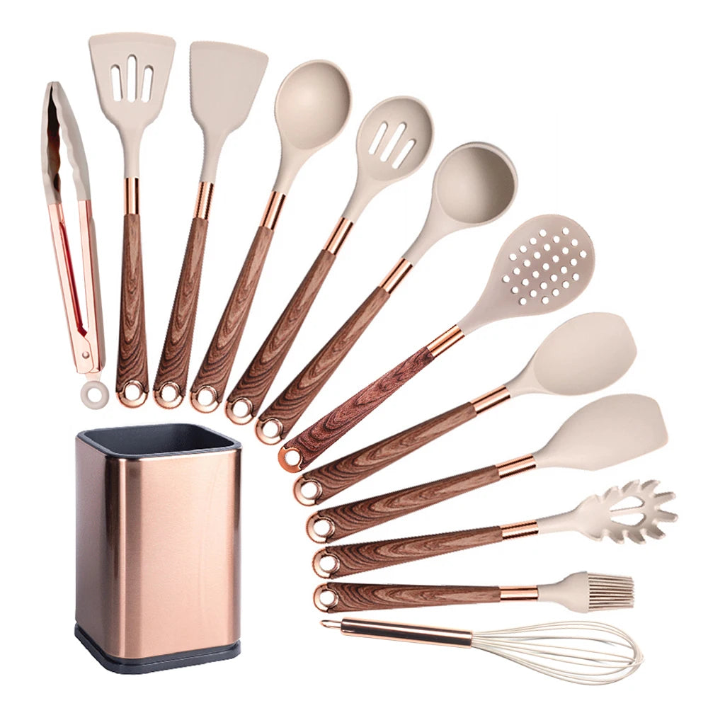 Silicone Cooking Utensils Set Kitchen Heat Resistant Rose Gold-Plated Handle Non-Stick Spatula, Spoon, Quality Gift, 5-13 Pcs