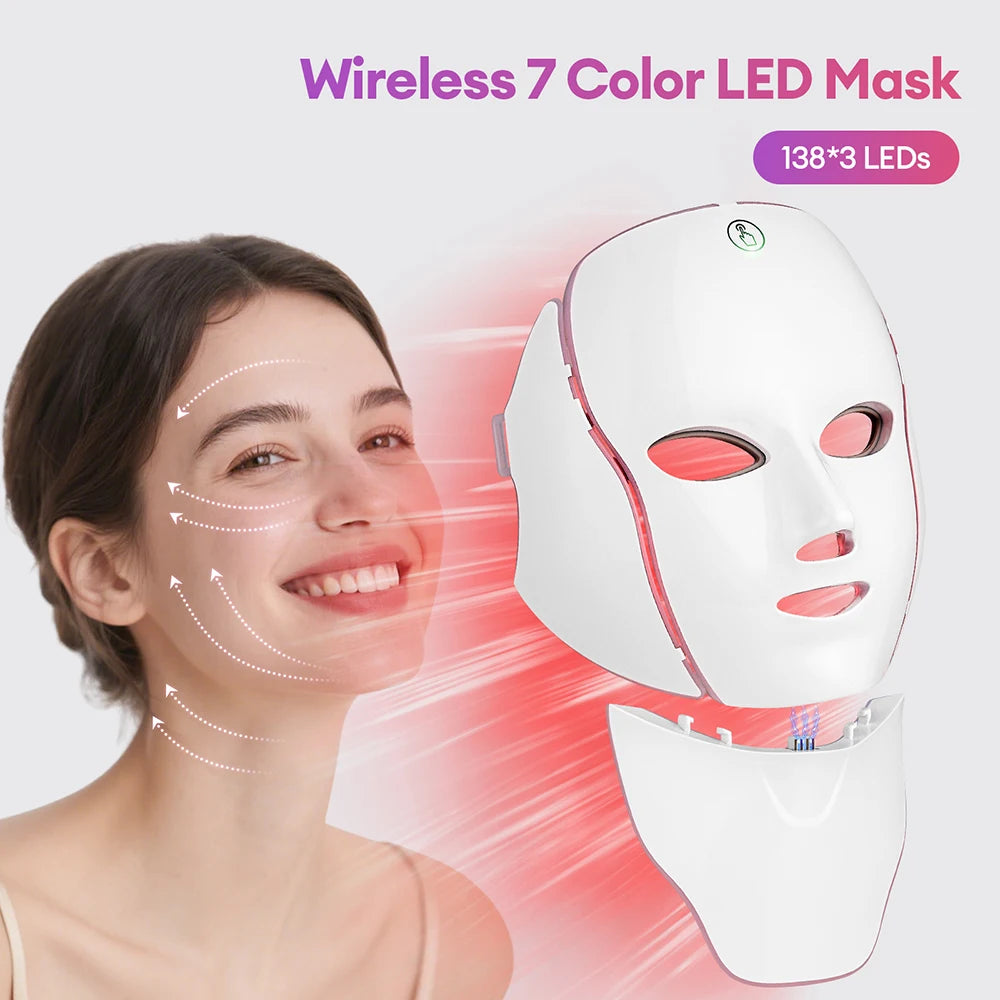 Newly Upgraded LED Face Mask with Neck Wireless 7 Colors Photon LED Facial Mask Repair Skin Rejuvenation Firming Beauty Tool