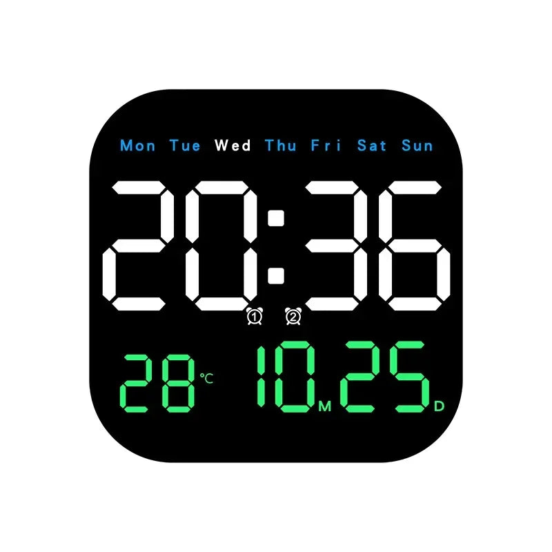 Digital Wall Clock with Remote Control, LED Alarm Clock, Temperature, Date, Week Display, Electronic Table Clock, 12 H, 24H