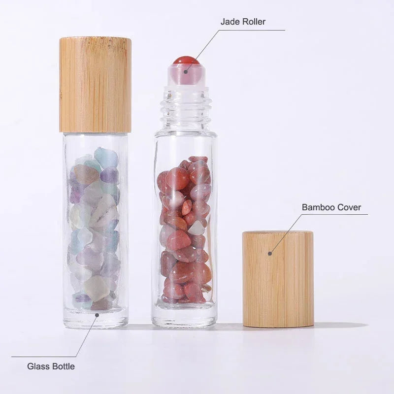 10Pcs 10ml Roll On Bottle Essential Oil Natural Jade Roller Bottles with Crystal Chip Glass Travel Refillable Bottle Containers
