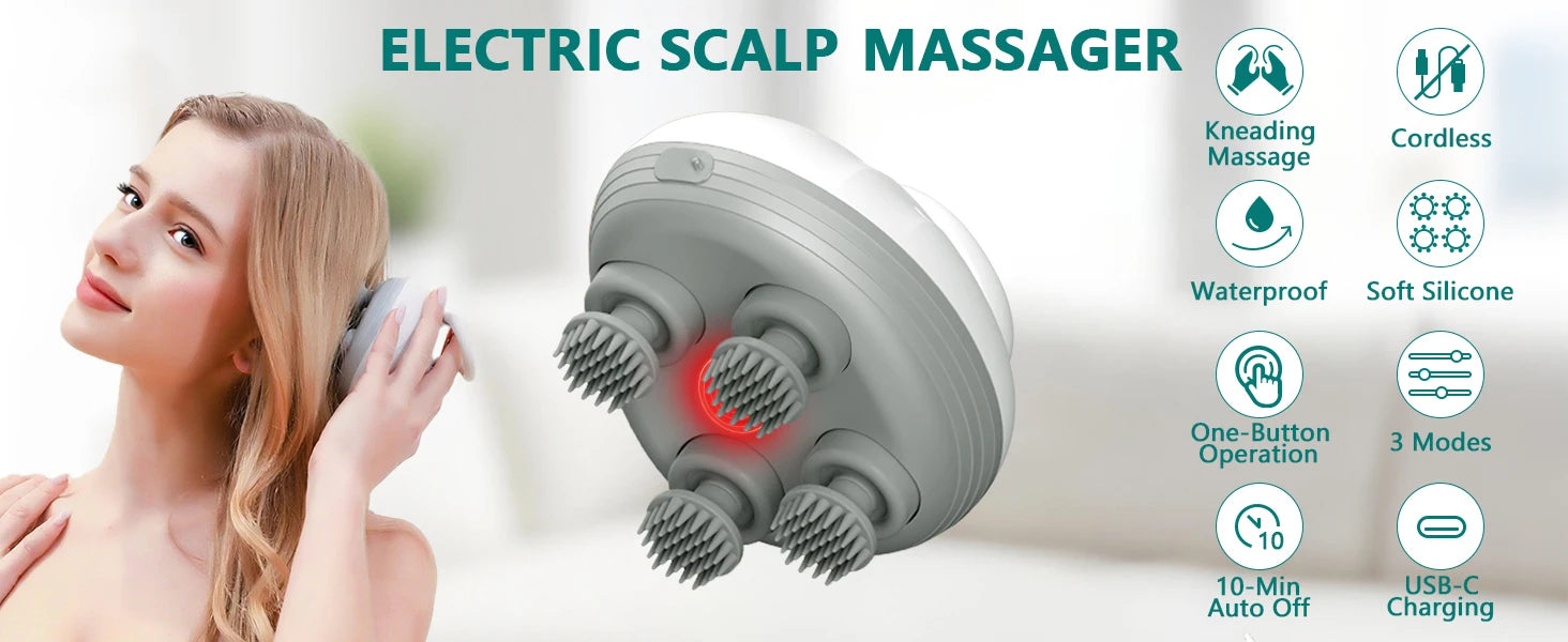 Electric Scalp Massager Cordless Waterproof Head Massager with Kneading Nodes, Handheld Hair Brush for Cleaning & Relaxation