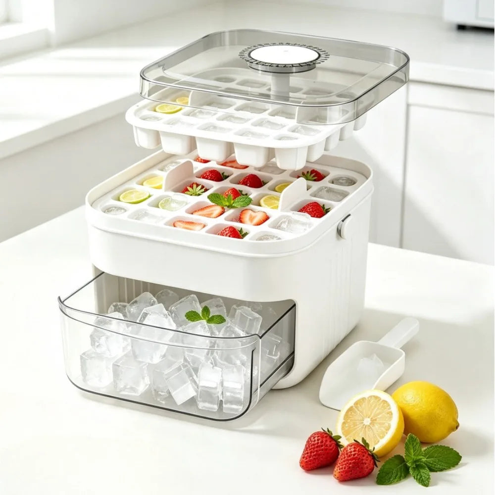 Portable Ice Cube Tray with Lid & Bin Ice Maker Double-layer Ice Cube Tray for Whiskey, Cocktail, Coffee Drinks, Beer