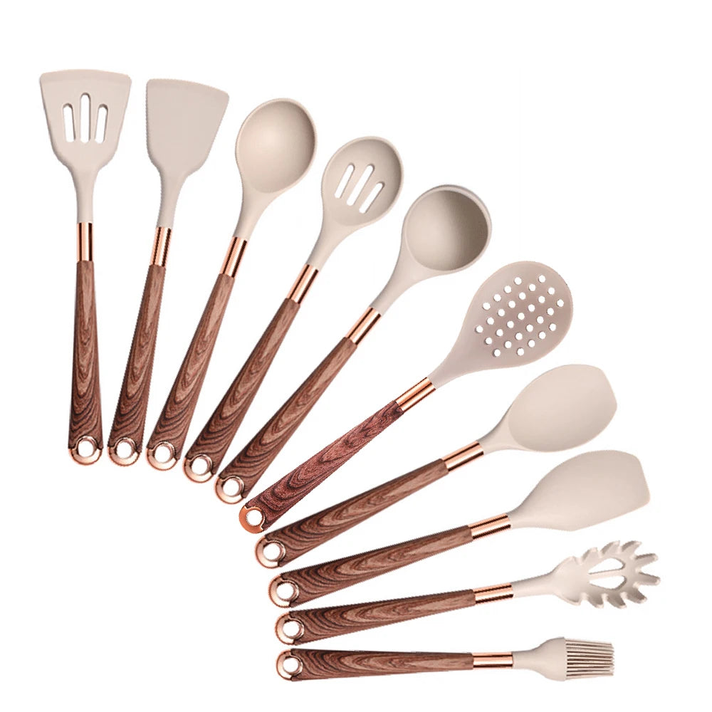 Silicone Cooking Utensils Set Kitchen Heat Resistant Rose Gold-Plated Handle Non-Stick Spatula, Spoon, Quality Gift, 5-13 Pcs
