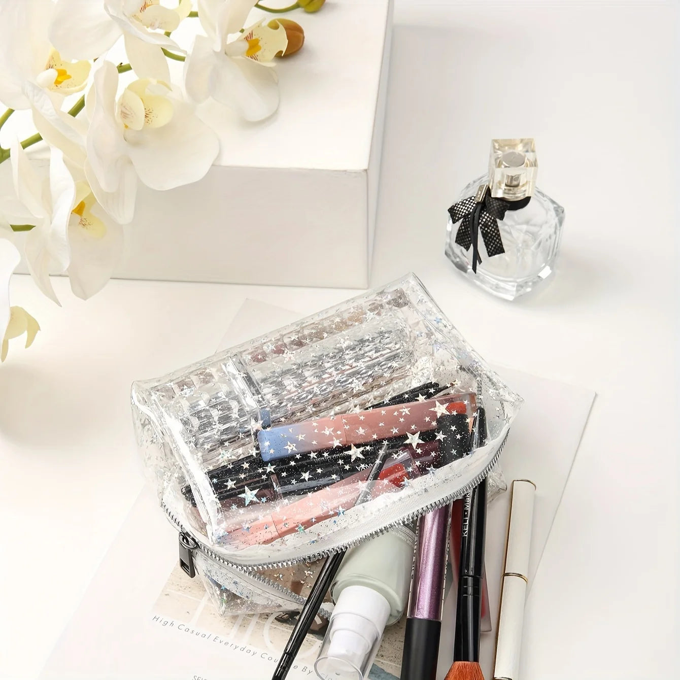 Chic Transparent Star PVC Makeup Bag - Waterproof, Large Capacity, Portable Cosmetic Organizer