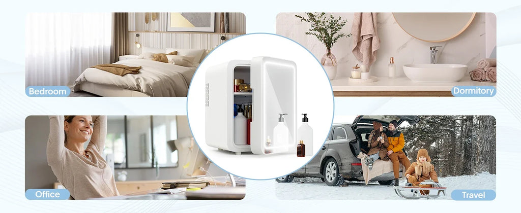Skincare Fridge with Dimmable LED Light Mirror, 4L Makeup Mini Fridge for Bedroom, Car