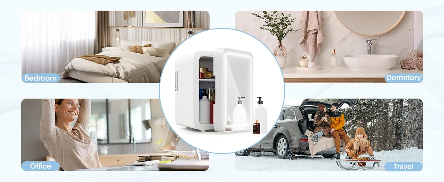 Skincare Fridge with Dimmable LED Light Mirror, 4L Makeup Mini Fridge for Bedroom, Car