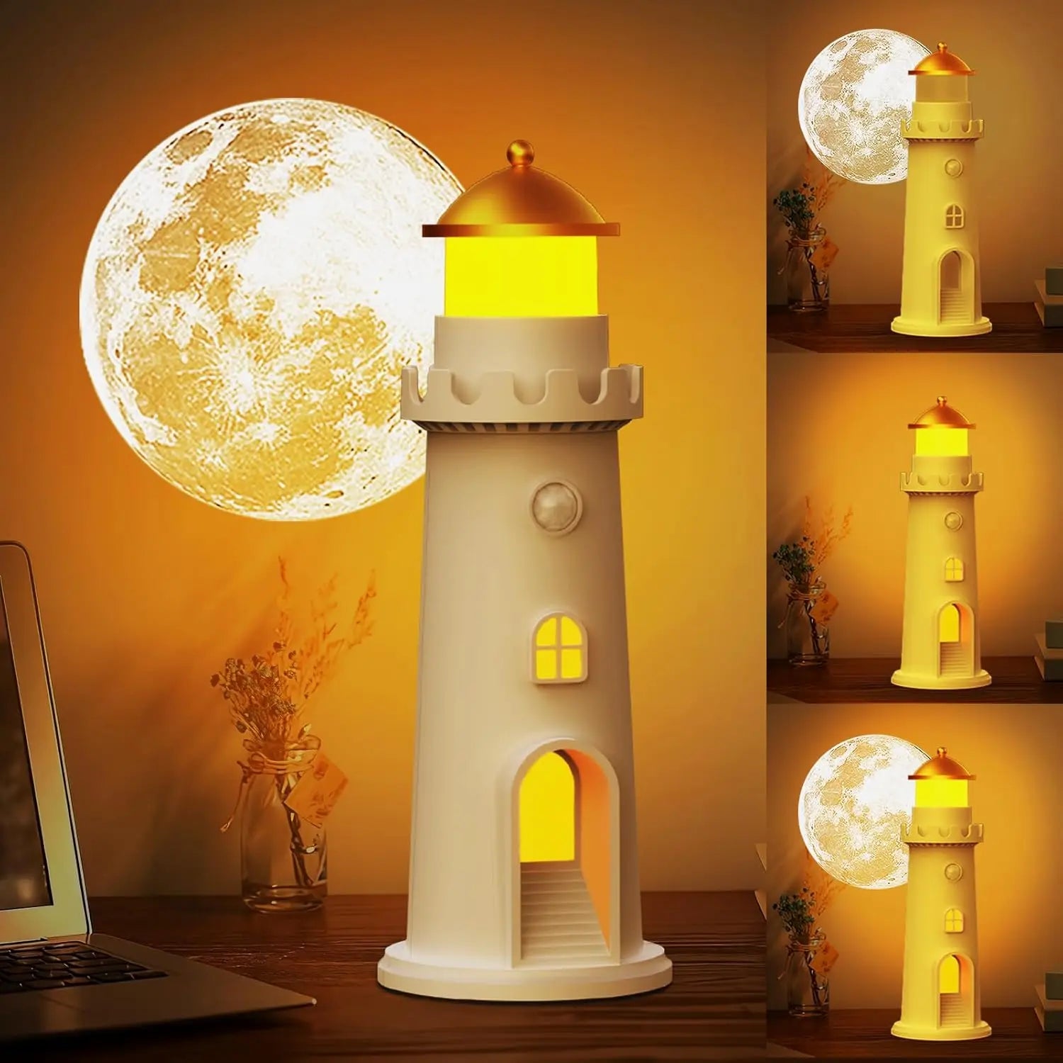 Moonlight Projection Lamp, LED Night Lamp Lighthouse, Motion Sensor Moon Lamp Projector Night Light, Bedside Lamp Dimming, USB R
