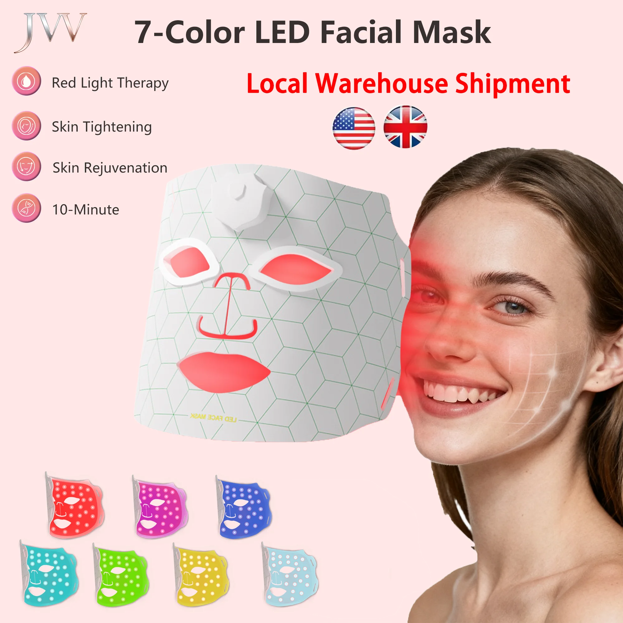 New JVV 7-Color LED Red Light Phototherapy Rejuvenation Mask LED Red Light Infrared Silicone Soft Mask Skin Care Device