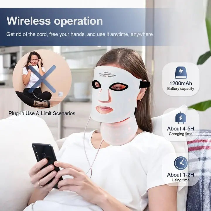 Wireless LED Face Mask with Neck 7 Colors LED Silicone Mask Photon Beauty Mask Skin Tighten Repair Skin Flexible Facial Mask