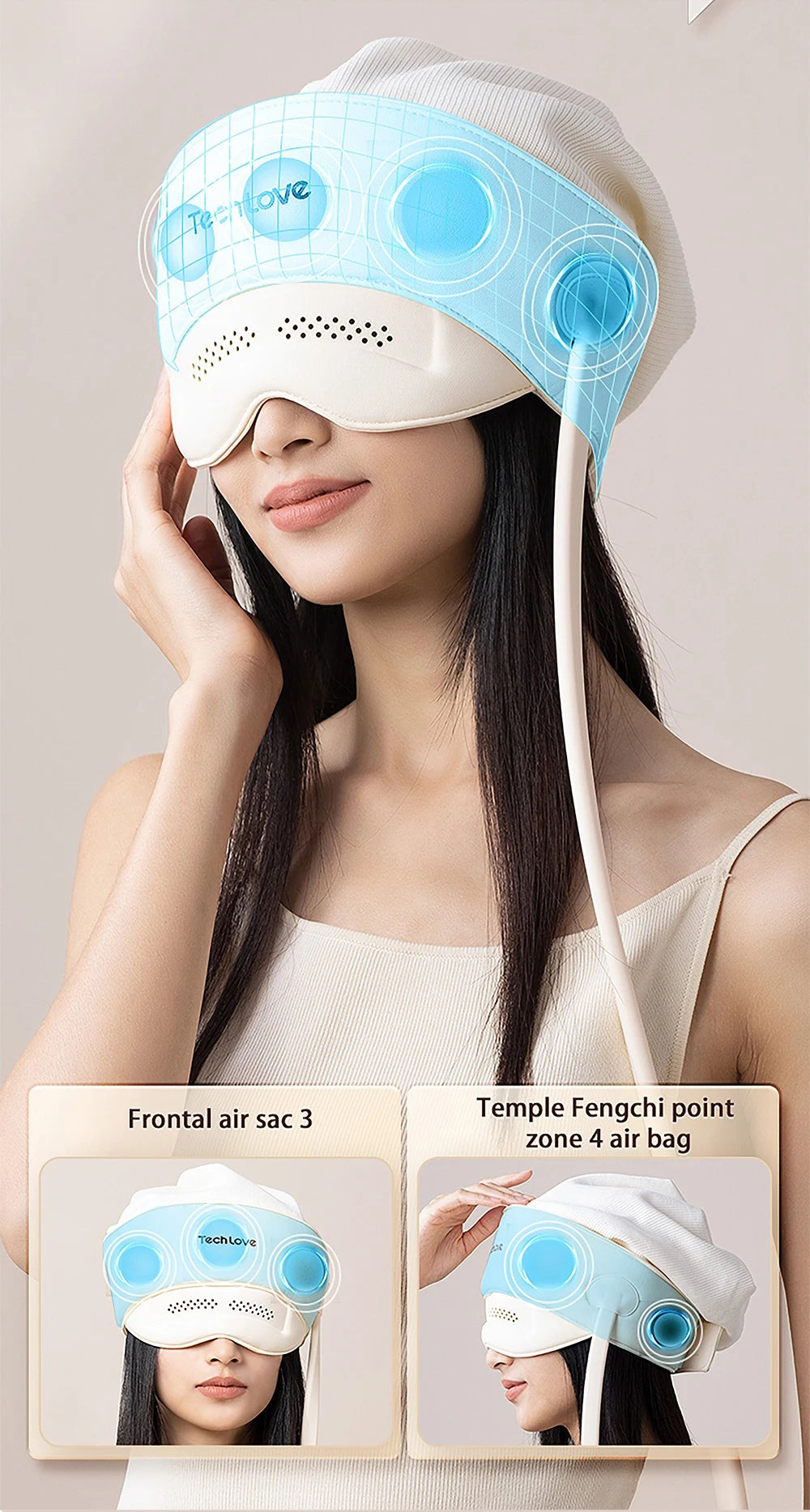 2In1 Head Eye Massager Warm Compress Heated Eye Mask Head Scalp Massage Airbag Balloon Kneading Headach Relief Sleep Aid