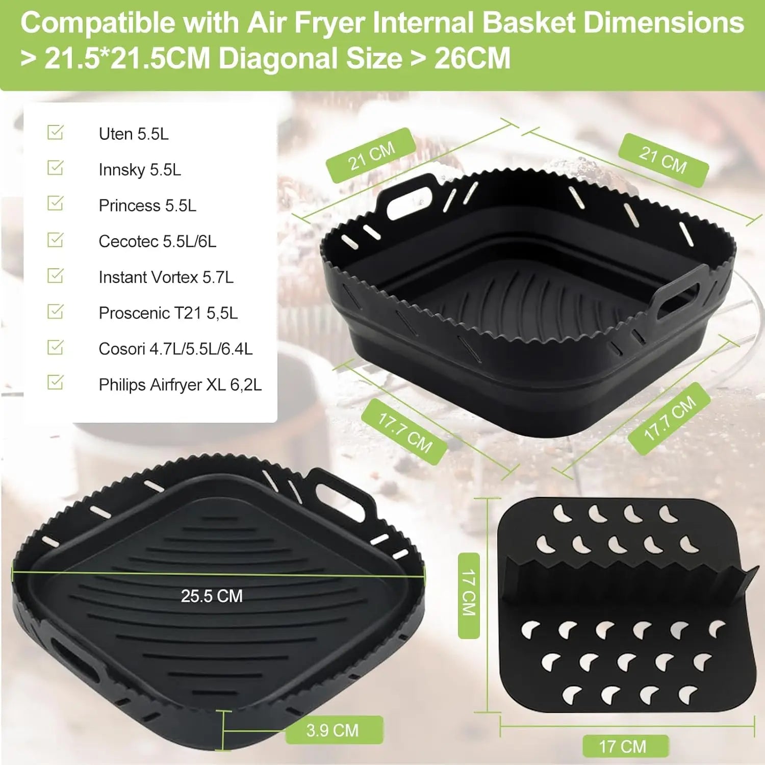 Air Fryer Accessories Set of 22CM Square Silicone Air Fryer Molds for Phi XL 6.2L, COSORI 5.5L, 4.7L, Cecotec 5.5L, 6L Air Frye