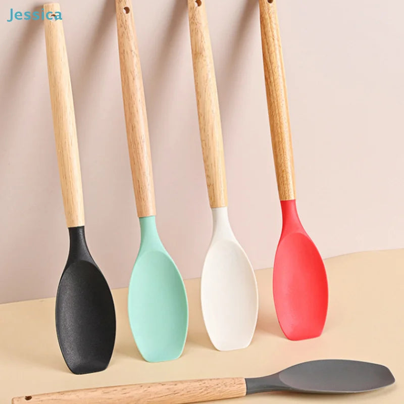 ♥Silicone Cooking Utensils with Wooden Handle – Heat-Resistant Spatula & Spoon for Non-Stick Pans
