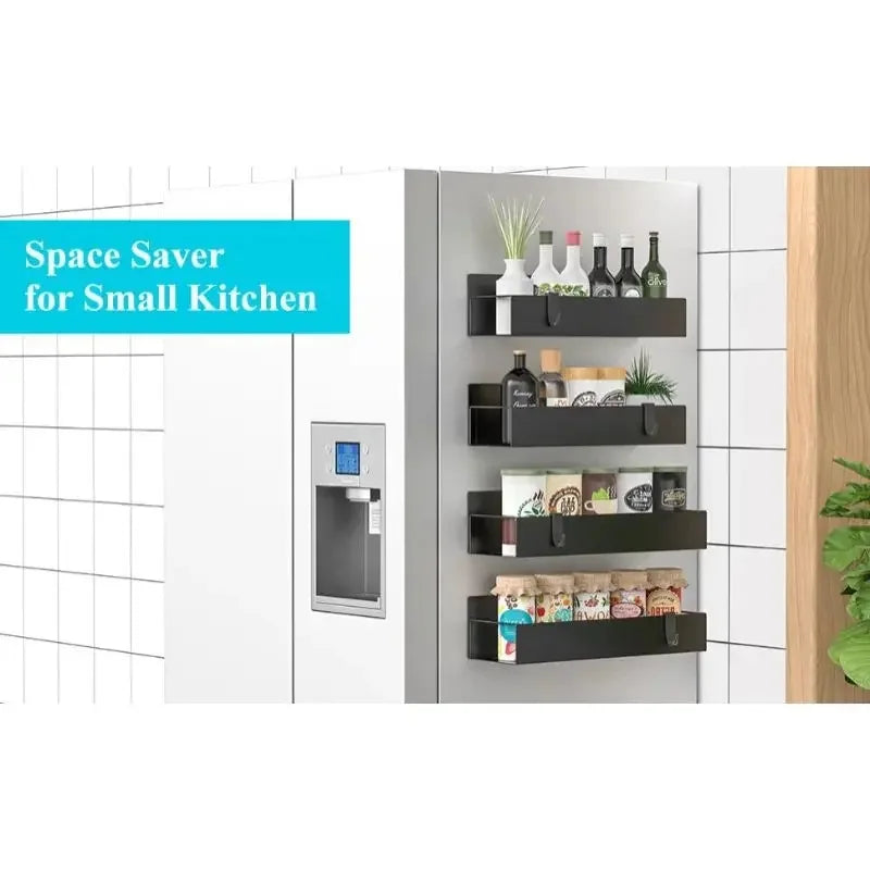 Magnetic Refrigerator Shelf Organizer Rack Strong Magnet Spice Holder Black Metal Kitchen Storage Rack No Drill