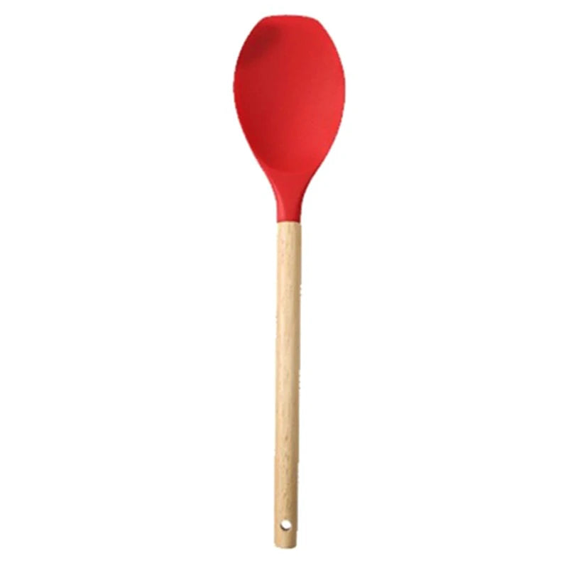♥Silicone Cooking Utensils with Wooden Handle – Heat-Resistant Spatula & Spoon for Non-Stick Pans