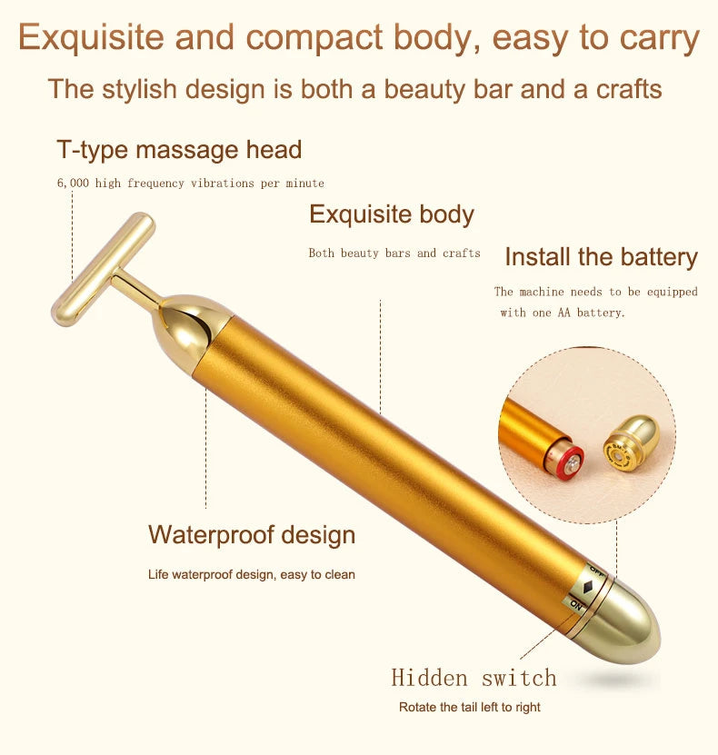 24K Gold Roller Vibrating Facial Massager Slimming Facial Skin Beauty Pulse Firming Face Massage Lift Tightening Wrinkle Bar