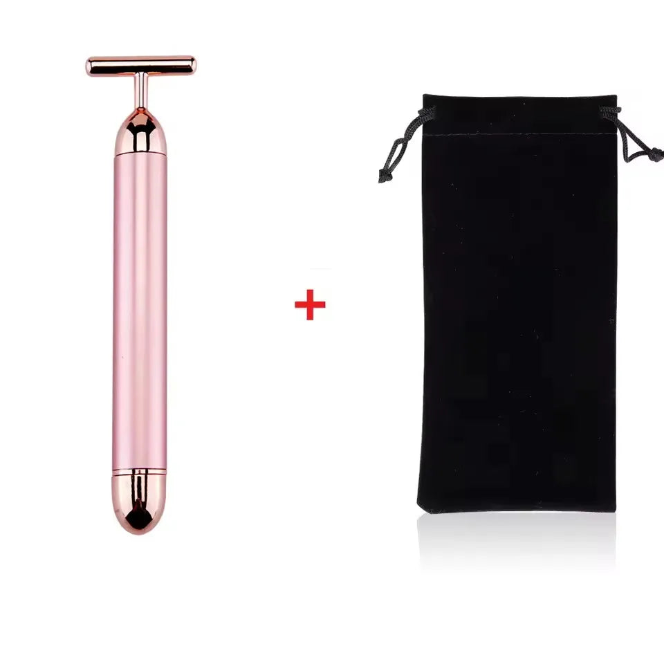 24k Gold Face Lift Bar Roller Vibration Slimming Massager Facial Stick Facial Beauty Skin Care T Shaped Vibrating Tool with Bag