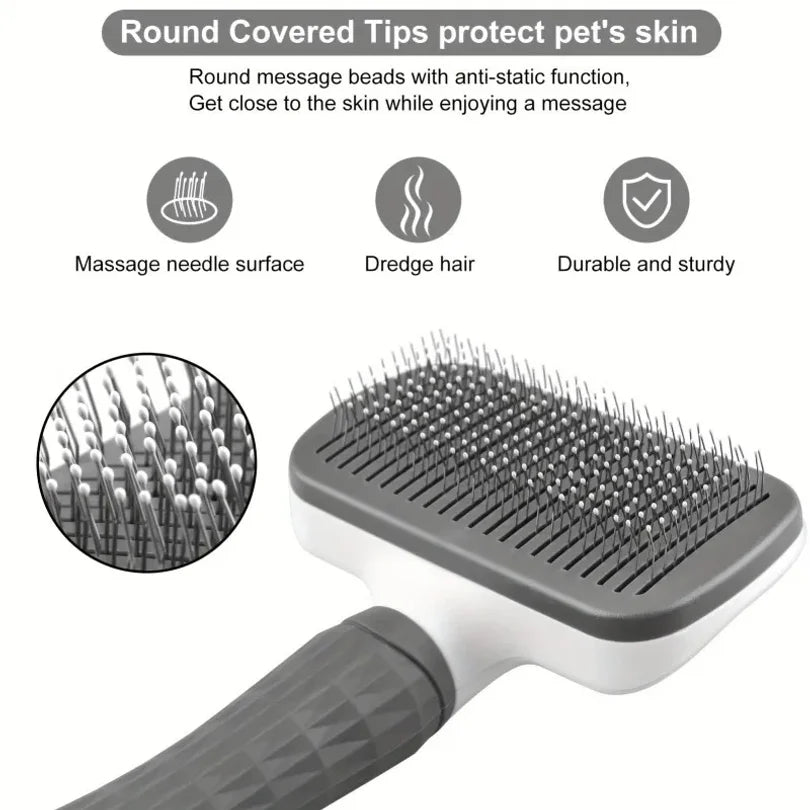 Pet Grooming Brush with One-Click Hair Removal, Bent Needle Massaging Comb for Dogs & Cats