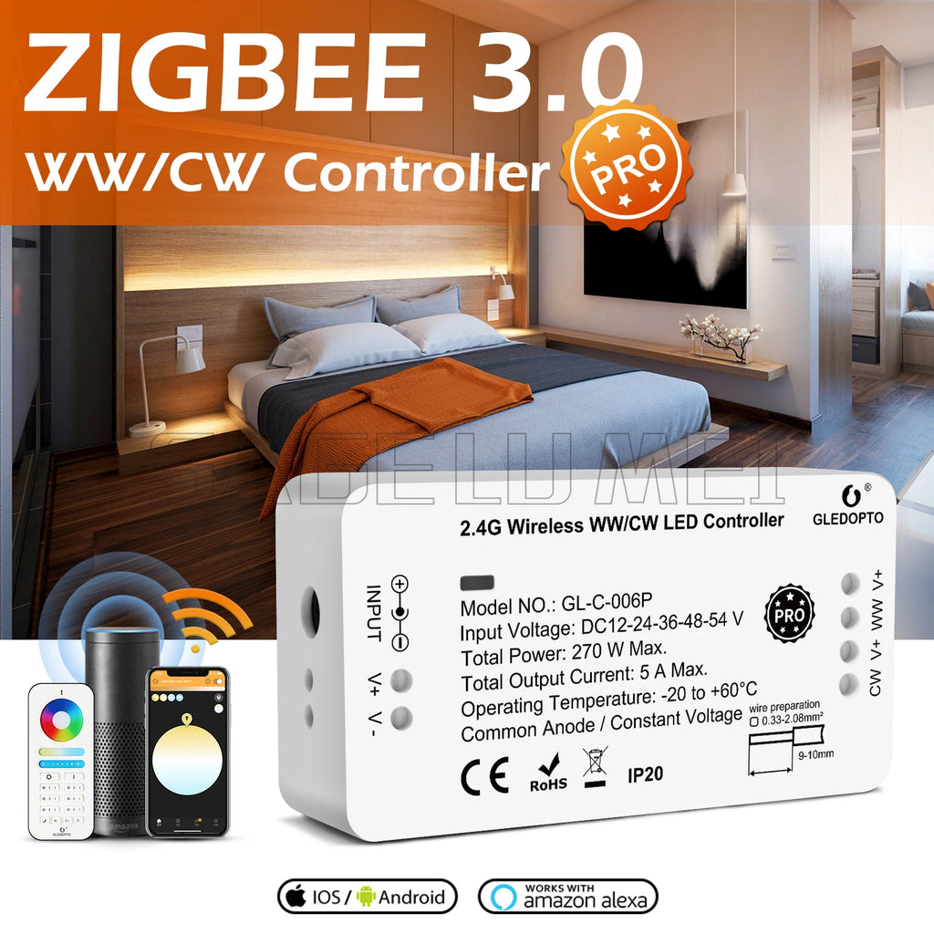 GLEDOPTO Controller RGB+CCT Pro Zigbee 3.0 Smart LED Strip Compatible with Hub Tuya SmartThings App 2.4G RF Remote Control Voice