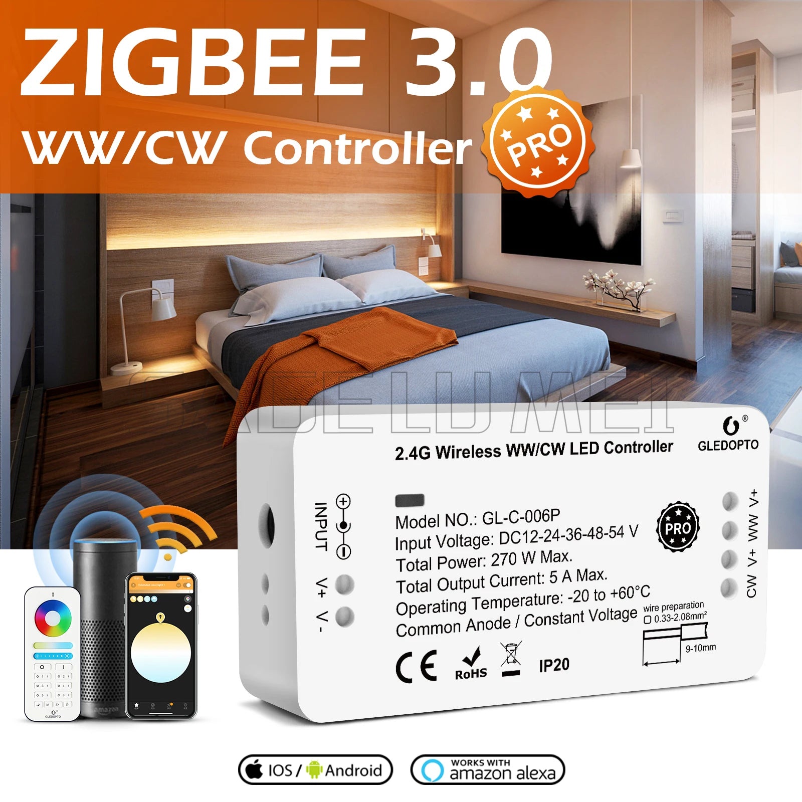 GLEDOPTO Controller RGB+CCT Pro Zigbee 3.0 Smart LED Strip Compatible with Hub Tuya SmartThings App 2.4G RF Remote Control Voice