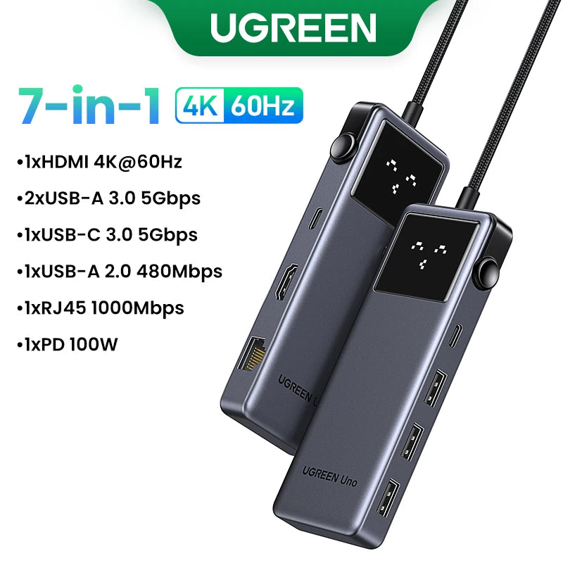 UGREEN Uno USB C HUB Type-C to 4K60Hz 2K120Hz HDMI 1000Mbps RJ45 PD100W USB3.0 Splitter for Laptop Accrssories MacBook Docking