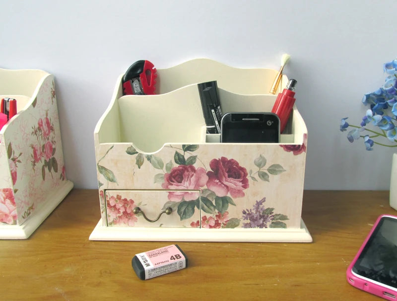European Style Cosmetics Storage Box, Creative Painting, American Pastoral Wood Desk Finishing Box