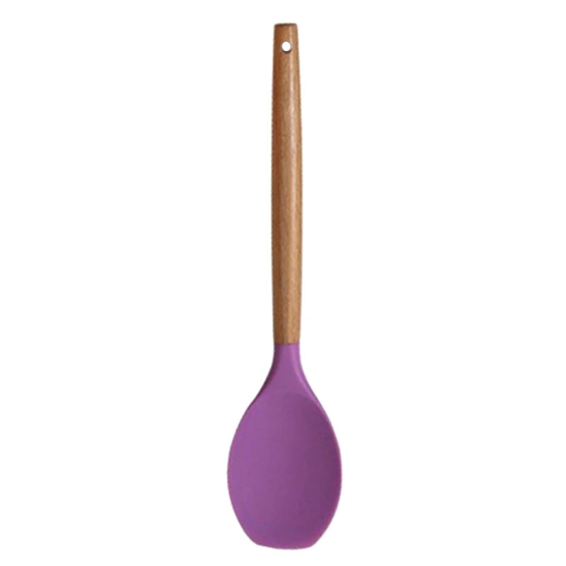♥Silicone Cooking Utensils with Wooden Handle – Heat-Resistant Spatula & Spoon for Non-Stick Pans