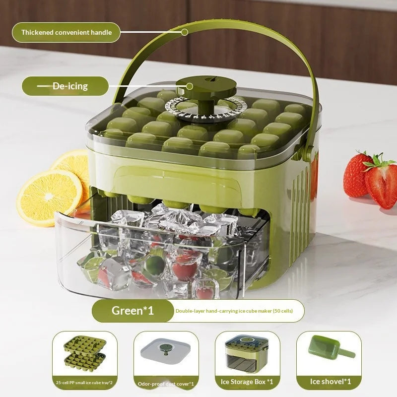Ice Cube Tray Double Layer with Lid and Bin, Pull-Out Ice Drawer with Portable Handle, Kitchen Accessories Compact