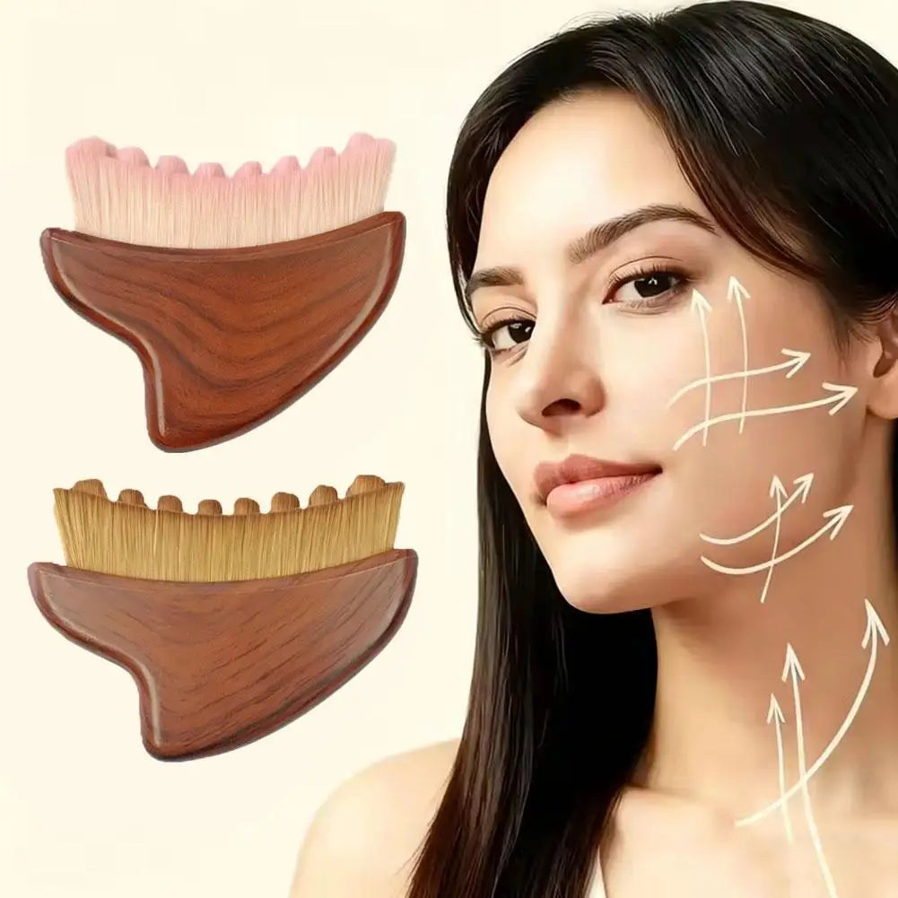 Gua Sha Massage Brush Dual Function with Soft Bristles for Facial Cleansing and Sculpting Wood Grain Handle Compact Travel Size