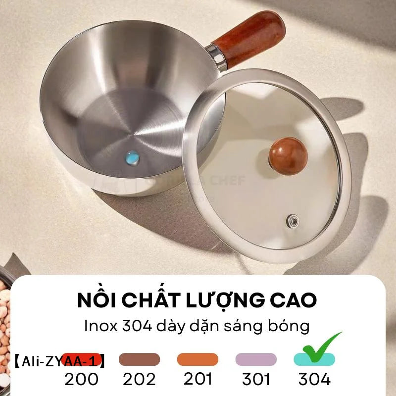【A】17cm/14cm Stainless Steel Cooking Pans With Wooden Handle & Glass Lid - Multi-Purpose Small Pots For Noodles And Eggs