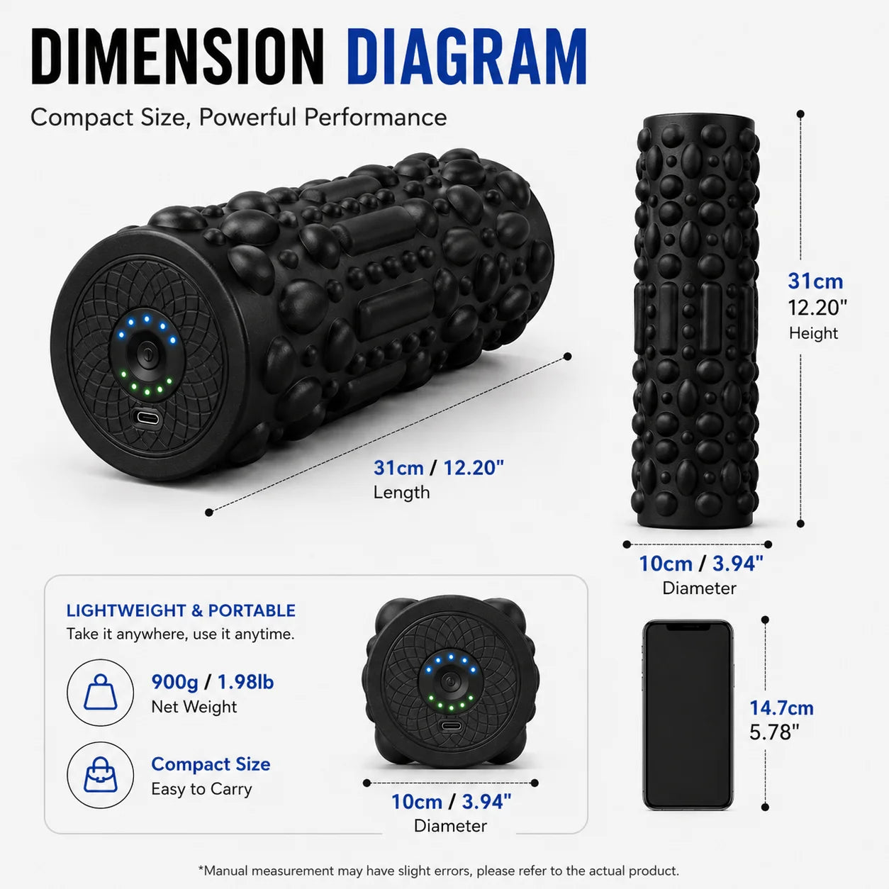 Vibrating Foam Roller Massage Roller for Muscle Pain Relief & Muscle Recovery ,5-Speed Electric Exercise Foam Roller Yoga Column