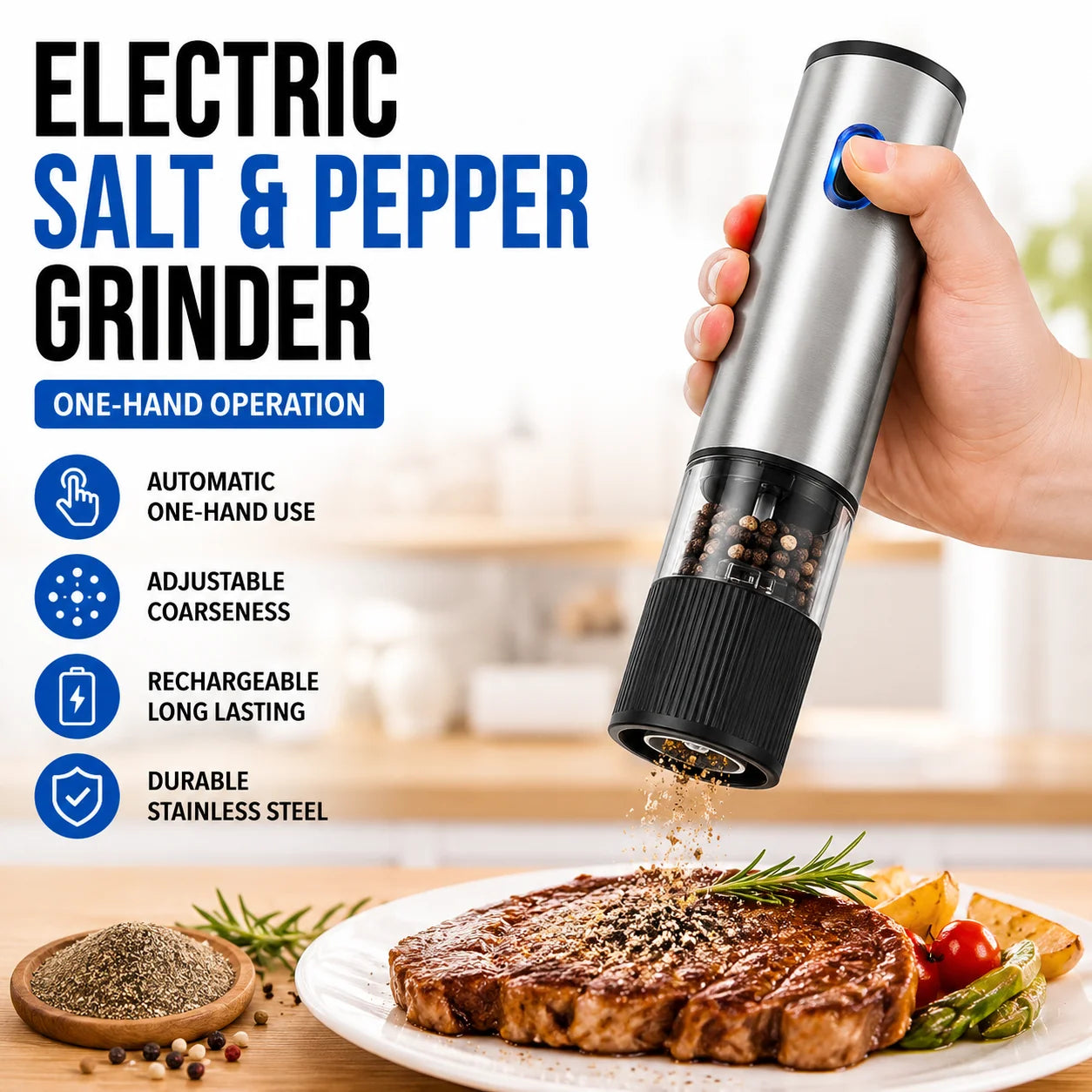 Electric Salt and Pepper Grinder Set USB Rechargeable Spice Mill Adjustable Coarseness for Kitchen Cooking BBQ Seasoning Use