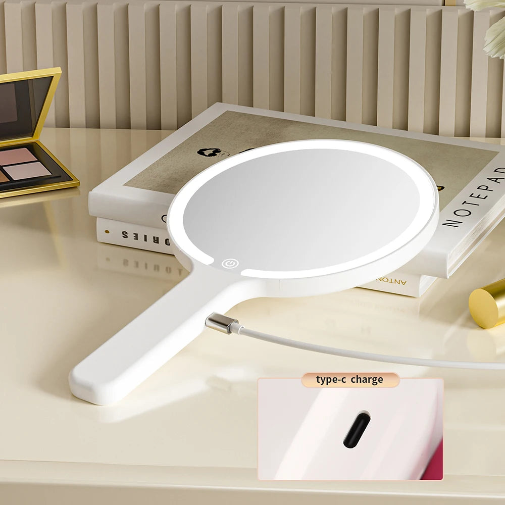 LED Smart Makeup Mirror Hand-held Carry 3 Colors Adjust Bright with Touch Screen Cosmetic Tabletop Vanty Mirror Travel Home Use