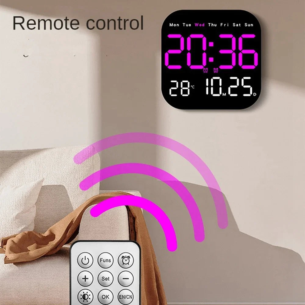 Digital Wall Clock with Remote Control, LED Alarm Clock, Temperature, Date, Week Display, Electronic Table Clock, 12 H, 24H