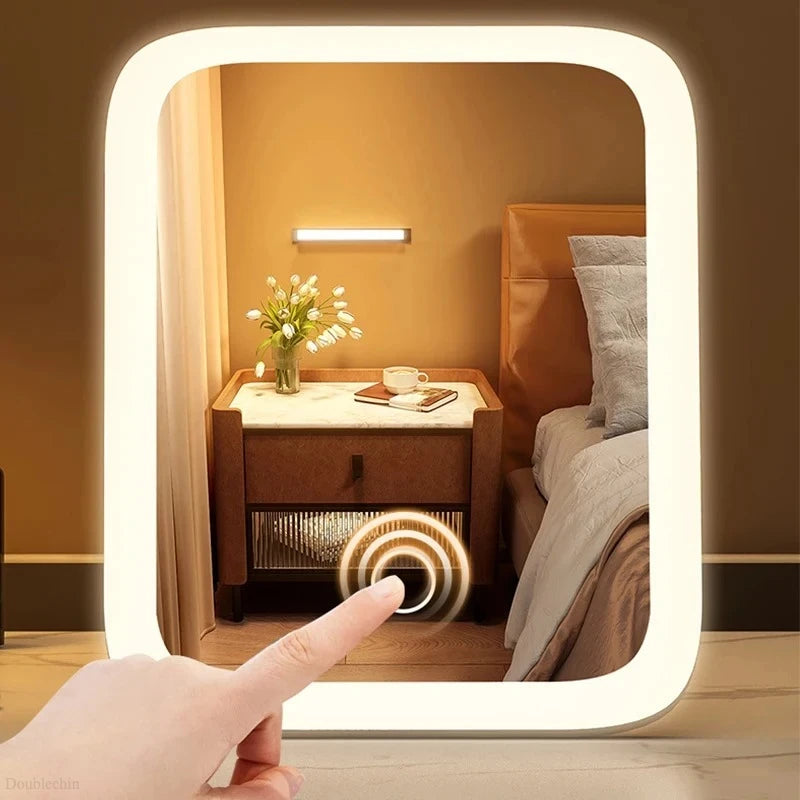 LED Desktop Fill Light Small Mirror, Makeup Mirror With Light,Girls Bedroom Dressing Table Mirror,3 Color Lights Vanity Mirror