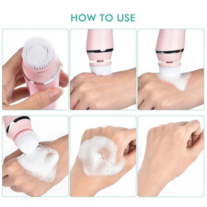 Electric Facial Cleansing Brush with 4 Face Cleaning Device 3 Modes Skincare Brush Heads Waterproof Wireless Facial Cleansing