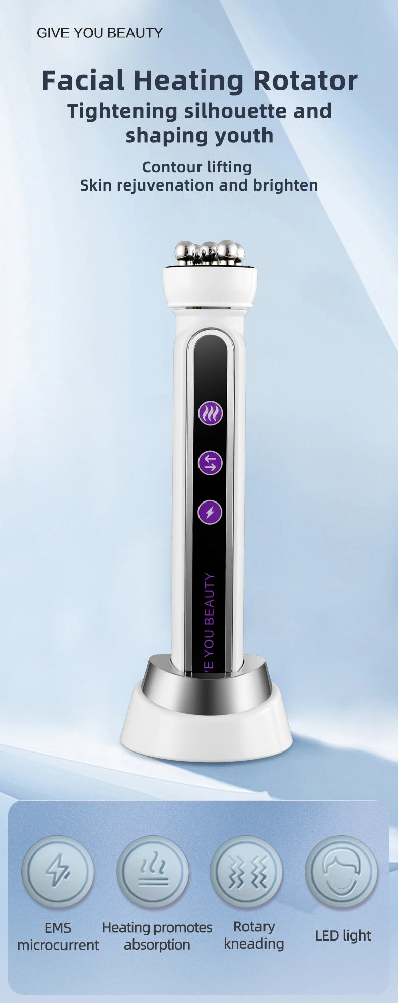 Micro Current Beauty Device Facial Roller Massager EMS LED Phototherapy Rotary Massage Heating For Pores Reduction Fine Lines