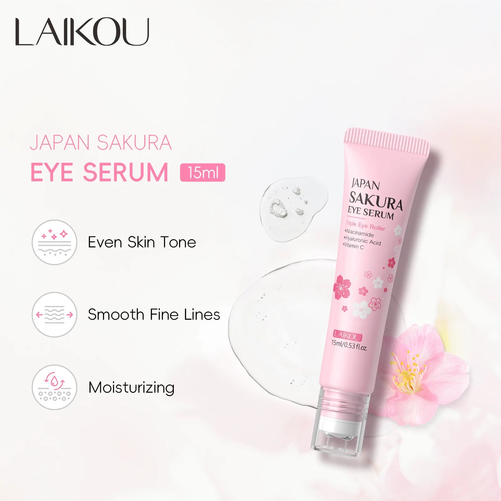  LAIKOU Sakura Eye Serum Roller Massage Anti-Aging,Hydrating & Brightening Eye Dark Circle & Puffiness Reduction Eye Cream 15ml