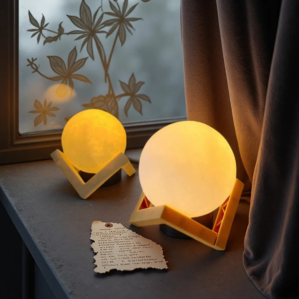 Led Moon Lamp Night Light With Stand 8cm Table Print Bracket Battery 3d Lights Warm white multicolor On Home Lamps Romantic