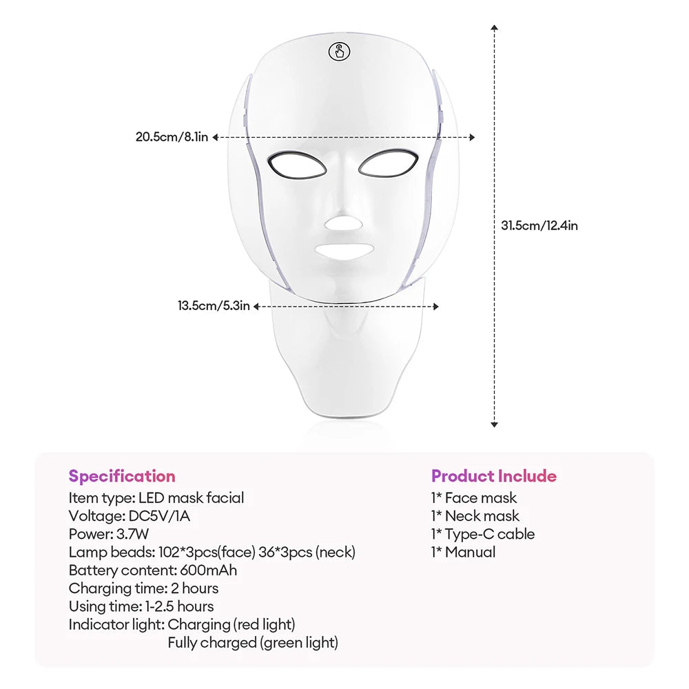 Newly Upgraded LED Face Mask with Neck Wireless 7 Colors Photon LED Facial Mask Repair Skin Rejuvenation Firming Beauty Tool