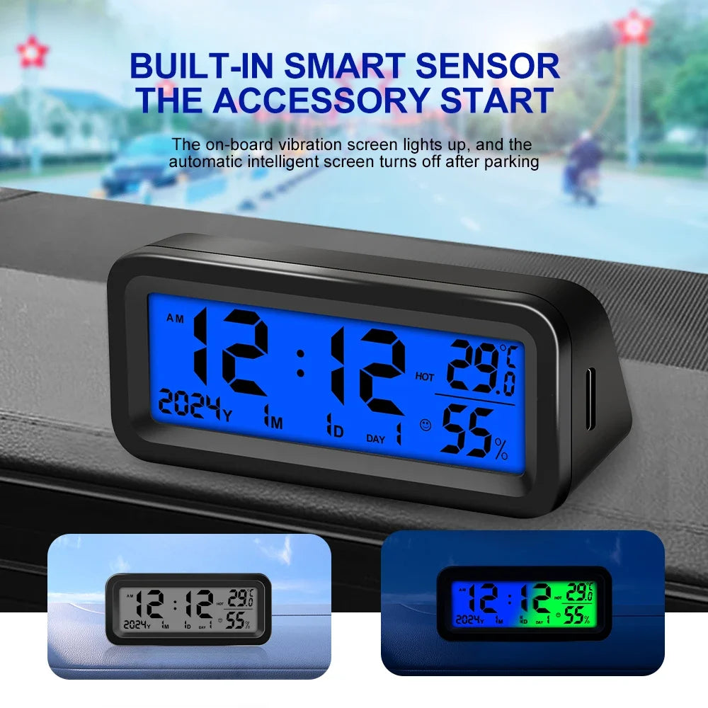 Digital Car Clock Solar/USB Powered with Date Week Temperature Humidity LCD Backlit Display Dashboard Automobile Stick-On Clock