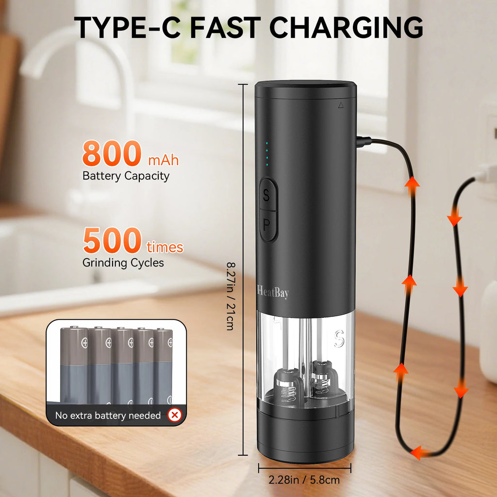 Electric Salt and Pepper Grinder Set 2 in 1 Rechargeable Type C Automatic Spice Mill Adjustable Coarseness LED Light One Touch