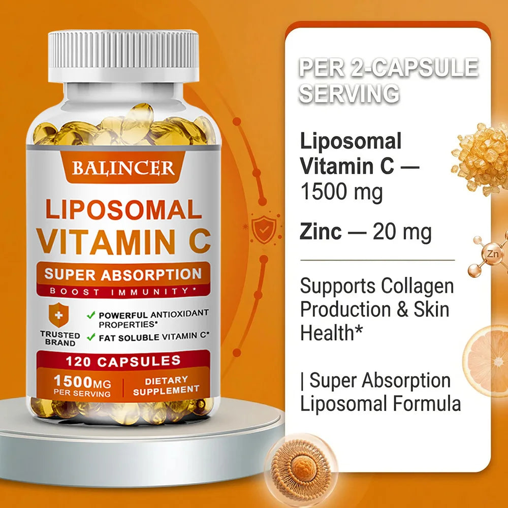 Liposomal Vitamin C 1500mg, High Absorption Fat-Soluble Ascorbic Acid, Immune Support, Collagen Booster & Antioxidant Supplement