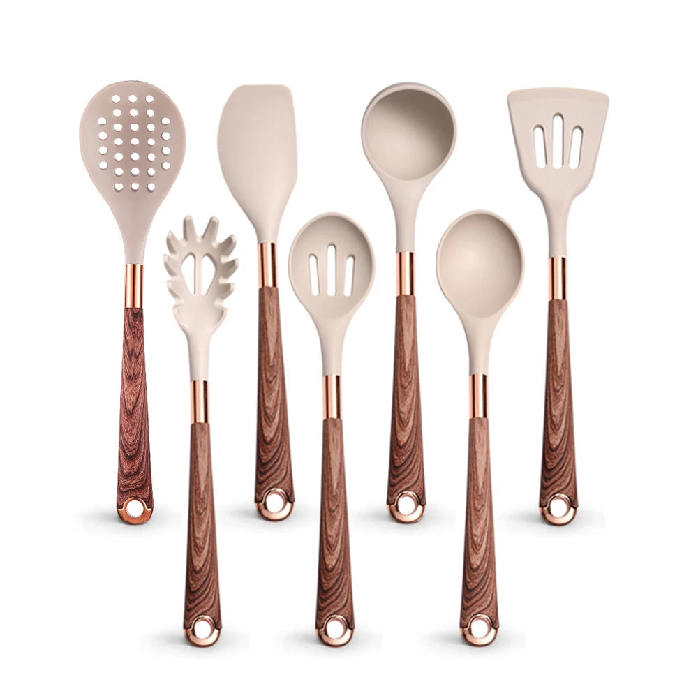 Silicone Cooking Utensils Set Kitchen Heat Resistant Rose Gold-Plated Handle Non-Stick Spatula, Spoon, Quality Gift, 5-13 Pcs