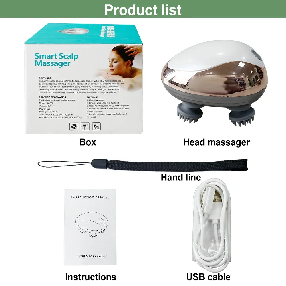 6 Modes Electric Scalp Massager Silicone Kneading Vibration Head Massager with Rechargeable Portable Hair Growth Massage Device