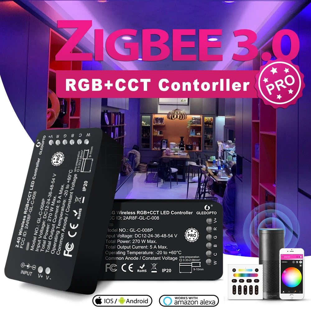 GLEDOPTO Controller RGB+CCT Pro Zigbee 3.0 Smart LED Strip Compatible with Hub Tuya SmartThings App 2.4G RF Remote Control Voice